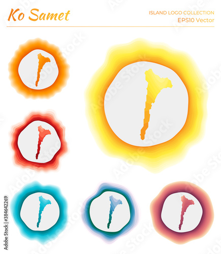 Ko Samet logo collection. Colorful logo of the island. Unique layered dynamic frames around Ko Samet border shape. Vector illustration.