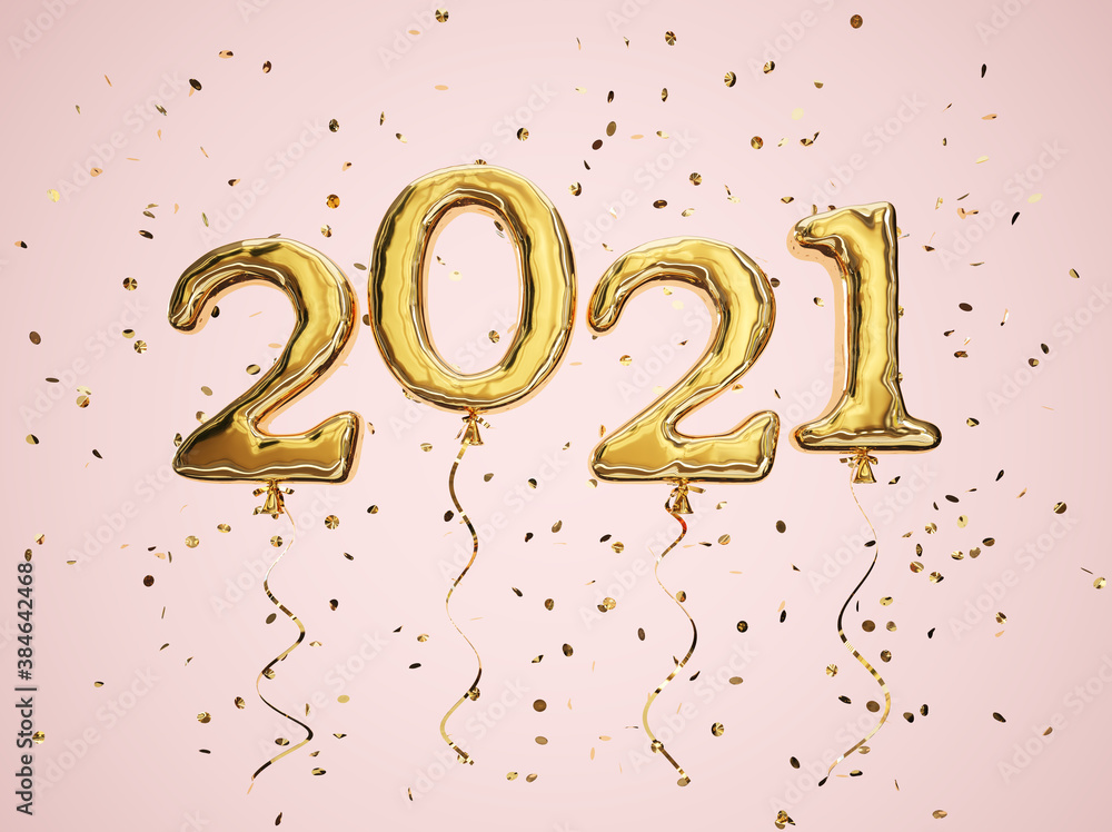 New year 2021 celebration. Golden balloons numeral 2021 and glittering confetti on the pink background. 3d illustration.
