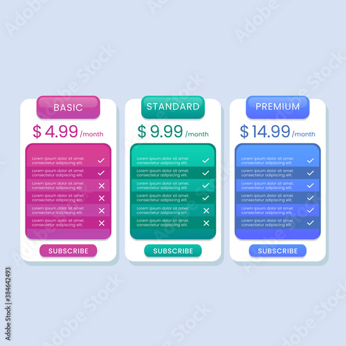 Colorful pricing table list for website vector