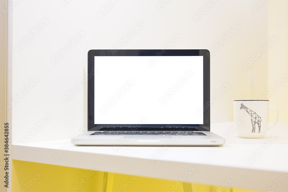 Laptop and mug of coffee. Clear workspace mockup. Laptop and mug of coffee. Clear workspace mockup.