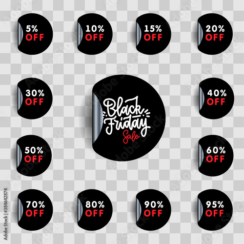 Black Friday sale and discount pointer or sticker set. 5.10, 15, 20,30,40,50,60,70,80,90, 95 percent price off tag icon. Vector realistic illustration with shadow. Round shape with folded side.