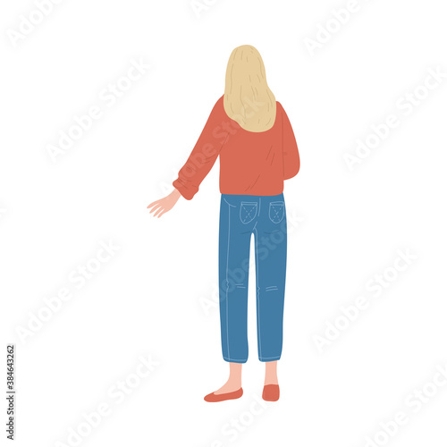 Blonde girl standing backwards and taking organic bodycare product from shelf in cosmetics store