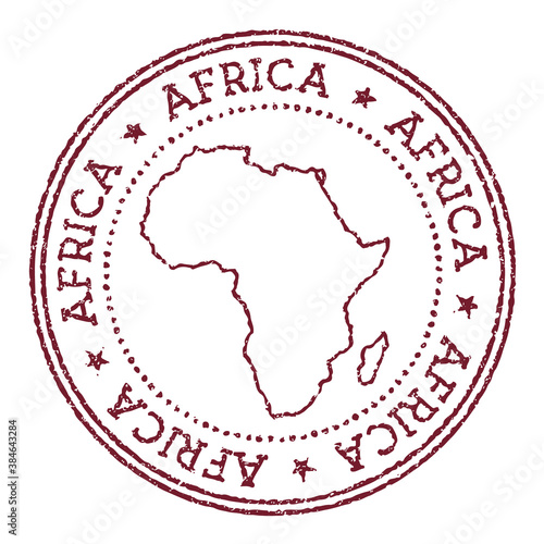 Africa round rubber stamp with continent map. Vintage red passport stamp with circular text and stars, vector illustration.