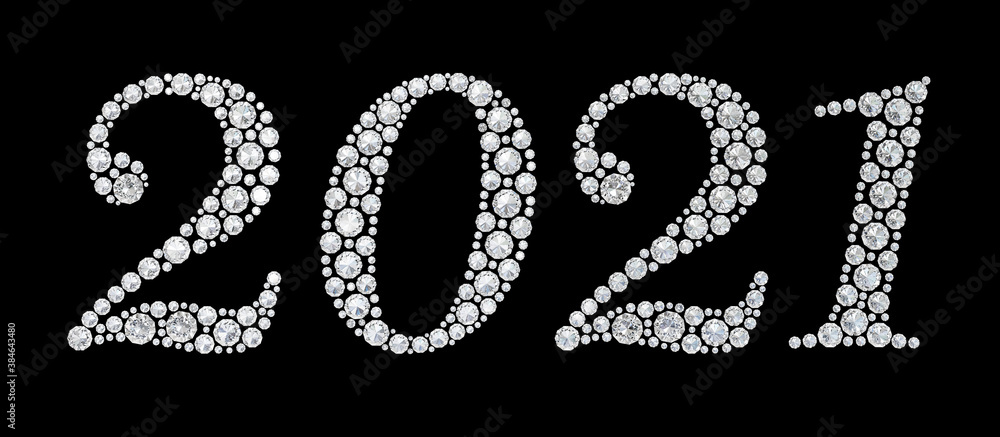 2021 Happy new year greeting banner. Diamond font. Diamonds numeral 2021 on the black background. 2021 Happy new year greeting banner. Diamond font. Diamonds numeral 2021 on the black background.