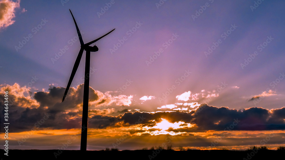 Fototapeta premium Electrical windmill at colorful sunset generates renewable energy