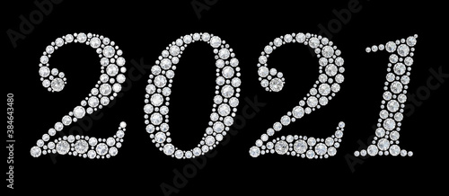 2021 Happy new year greeting banner. Diamond font. Diamonds numeral 2021 on the black background.