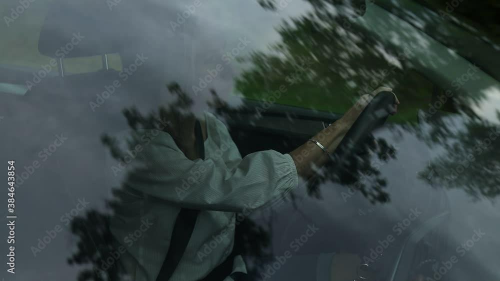 Pretty, middle aged woman driving her car in a city, on a highway. Scenery passing by, reflecting in the windshield. Pretty, middle aged woman driving her car in a city, on a highway. Scenery passing by, reflecting in the windshield.