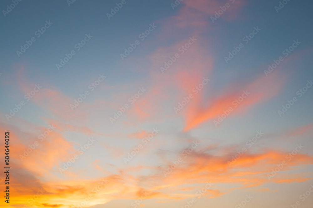 Evening sky with cloud or Orange sunset sky backdrop. Beautiful natural of sky abstract or background. Soft image.