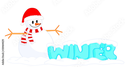 Winter, snowman. Chubby ice-blue winter lettering and snowman in red hat and scarf. Transparent ice drawing cartoon font. Text, snow man under snow caps. White blank sky background. Frozen cold Vector