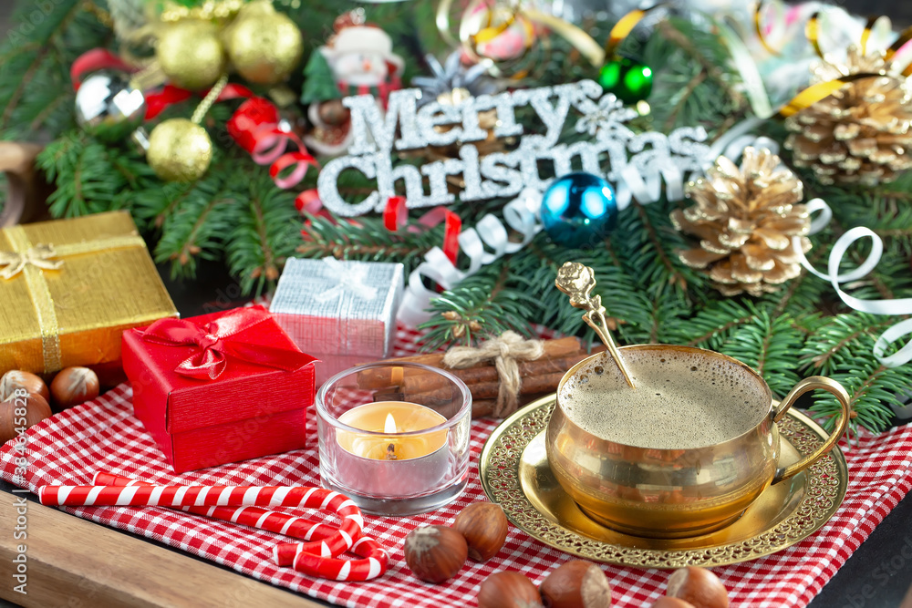 Merry Christmas card with gifts and, coffee and Christmas decorations. Merry Christmas card with gifts and, coffee and Christmas decorations.