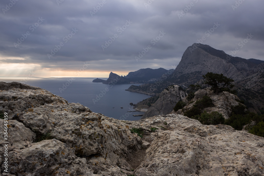 View of Cape Capchik and Sudak Bay from Mount Krepostnaya (the Fortress mountain), Sudak, Crimea