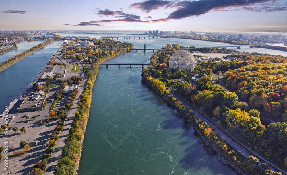 Aerial view of Montreal City Biosphère on Notre-Dame Island with colourful autumn threes