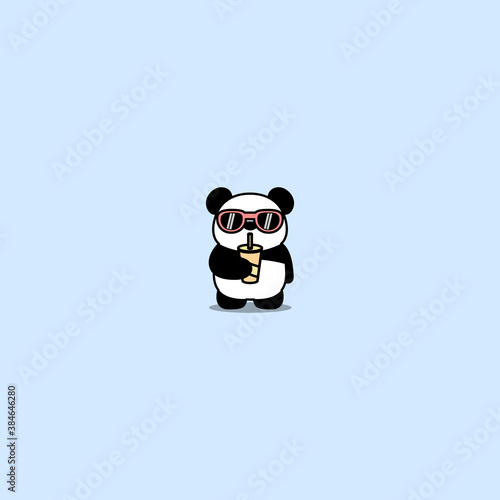 Cute panda with sunglasses drinking water cartoon, vector illustration