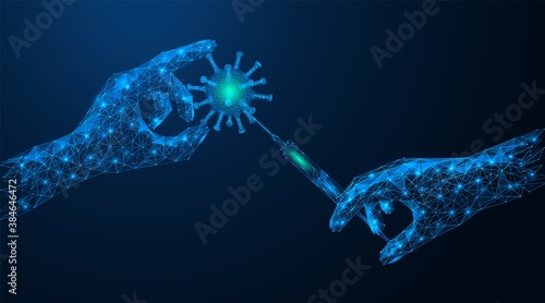 The hand holds the coronavirus, the second hand makes an injection. Medical concept of treatment for the covid-19 virus. Polygonal construction of concatenated lines and points. Blue background.