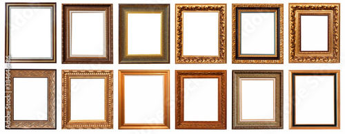 Frames baguettes gold silver set isolated on white background pattern.