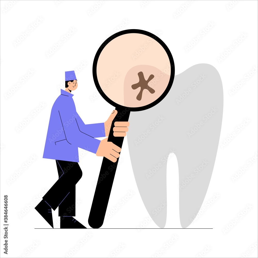 Dentist holding magnifying glass and examining teeth caries isolated on white background. Teeth examination dentistry concept. Vector flat illustration. Design for banner, flyer, clinic Dentist holding magnifying glass and examining teeth caries isolated on white background. Teeth examination dentistry concept. Vector flat illustration. Design for banner, flyer, clinic