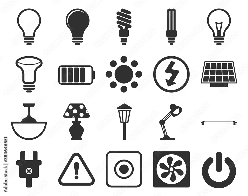 Electricity icons set. Set of light bulbs, lamp, socket, electric plug, socket, switch, extension cord, fluorescent lamp and starter, electrification vector icons isolated on white background Electricity icons set. Set of light bulbs, lamp, socket, electric plug, socket, switch, extension cord, fluorescent lamp and starter, electrification vector icons isolated on white background