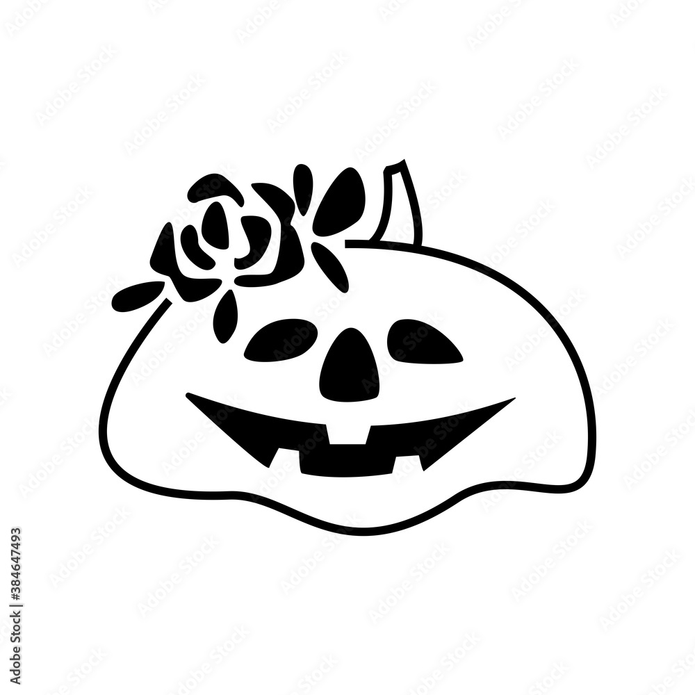 Hand drawn Halloween holiday season pumpkin with flower wreath isolated on white background. Vector doodle illustration. Design for print, textile, greeting card Hand drawn Halloween holiday season pumpkin with flower wreath isolated on white background. Vector doodle illustration. Design for print, textile, greeting card