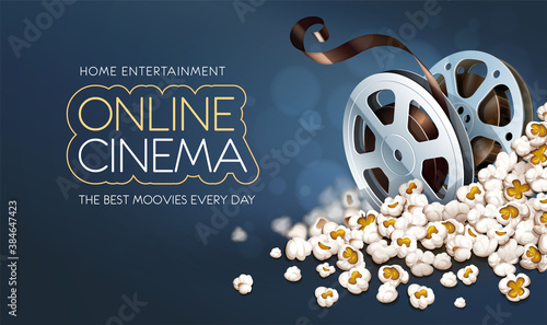 Cinematograpy film-reel discs in popcorn. Online movies retro banner template poster concept, copyspace. Clapper snacks movie theater. Fast food for cinematography entertainment. Illustration.