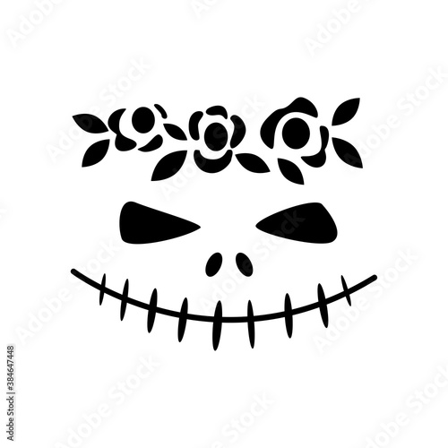 Scary and funny face with flower  wreath  of Halloween pumpkin or ghost isolated on white background. Vector doodle outline illustration. Design for website, Halloween festival, greeting card, print