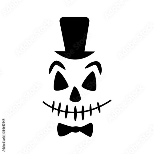 Scary and funny face with hat and bow tie of Halloween pumpkin or ghost isolated on white background. Vector doodle outline illustration. Design for website, Halloween festival, greeting card, print