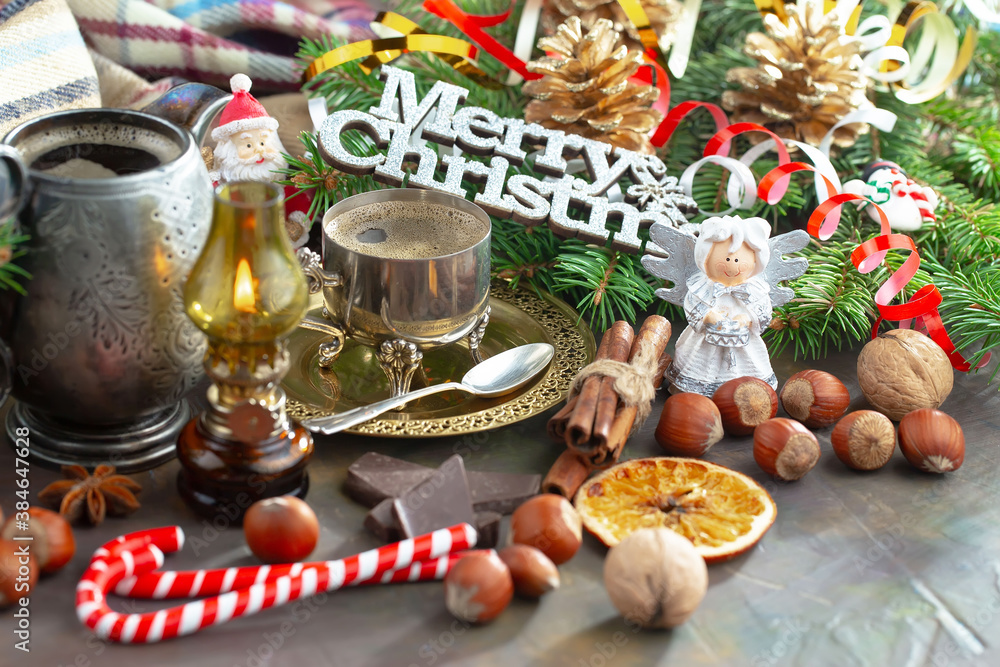 Fototapeta premium Merry Christmas and Happy New Year, postcard with gifts and Christmas decorations.