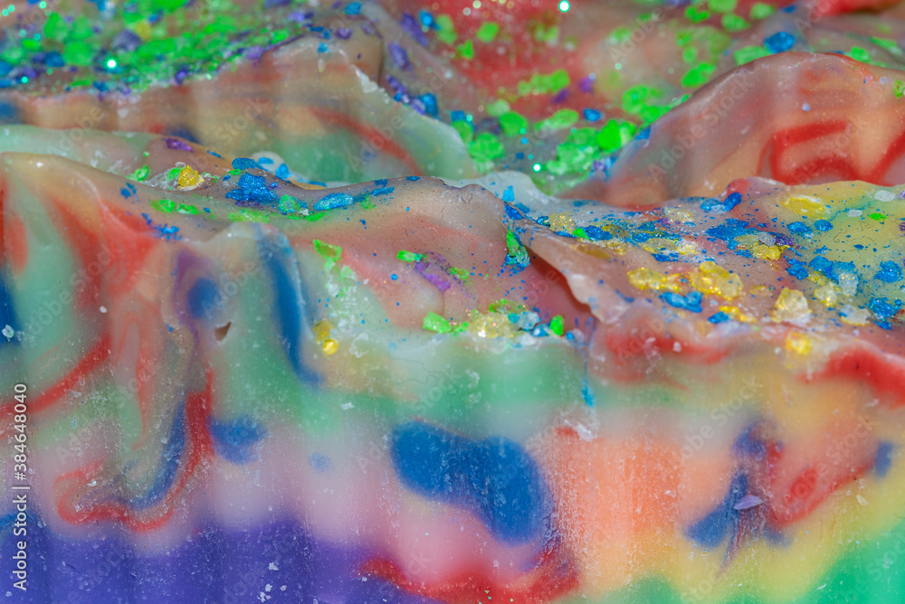 Closeup of beautiful bright colors of handmade soap from small business

