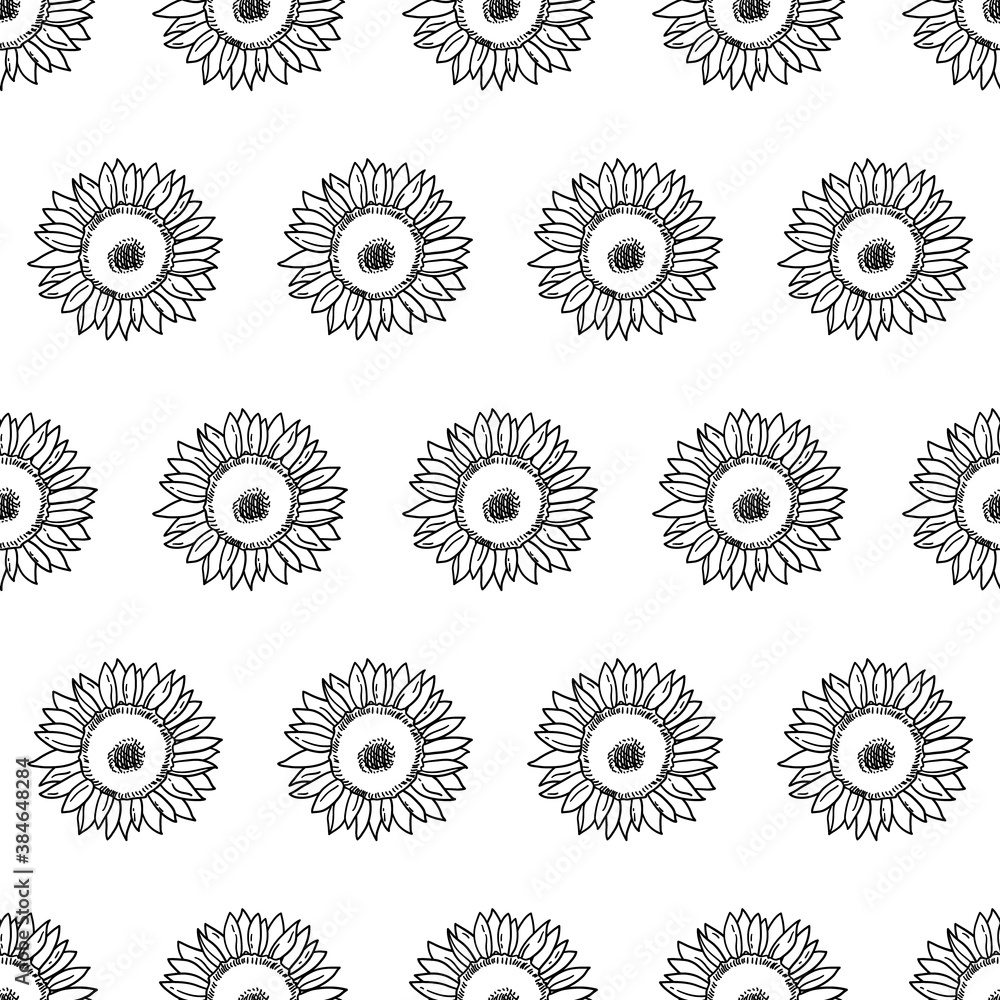 Vector seamless pattern with sunflowers. Black and white illustration Vector seamless pattern with sunflowers. Black and white illustration