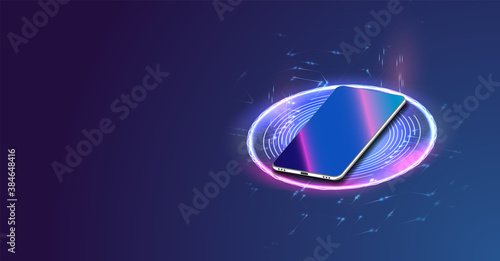 Smart wallet concept with credit, debit card payment application. Gadget of the future, smartphone tech payment. Flat Isometric vector illustration. E-payment screen