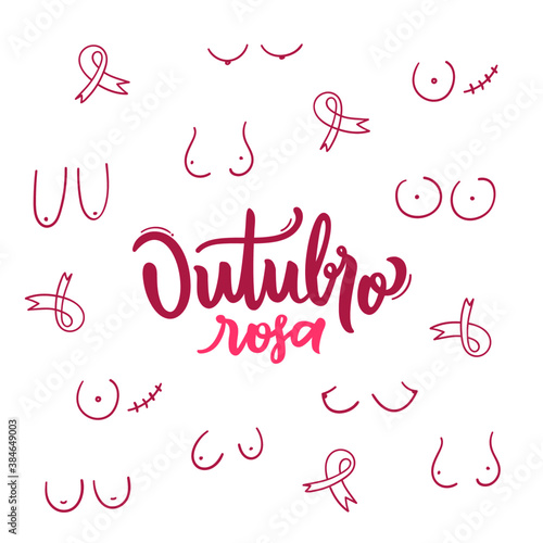 Outubro Rosa. Pink October. Brazilian Portuguese Hand Lettering for Breast cancer prevention month. Vector. photo