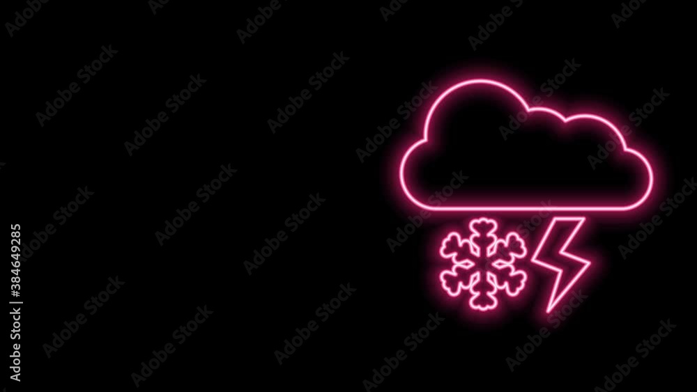 Glowing neon line Cloud with snow and lightning icon isolated on black background. Cloud with snowflakes. Single weather icon. Snowing sign. 4K Video motion graphic animation Glowing neon line Cloud with snow and lightning icon isolated on black background. Cloud with snowflakes. Single weather icon. Snowing sign. 4K Video motion graphic animation