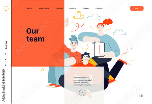 Business topics - our team, web template. Flat style modern outlined vector concept illustration. A group of people, crew, team, posing together. Business metaphor.