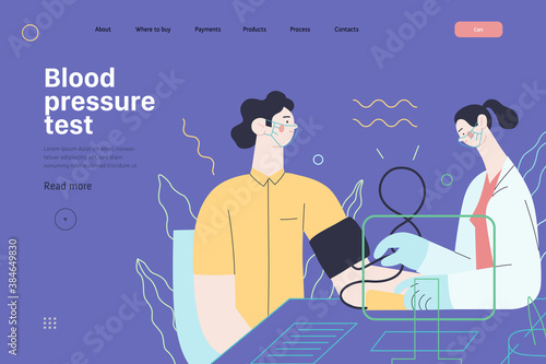 Medical tests template - blood pressure test - modern flat vector concept digital illustration of blood pressure measurement procedure - a patient and doctor with a meter, medical office or laboratory