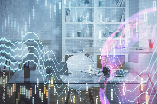 Double exposure of financial graph drawing and office interior background. Concept of stock market.