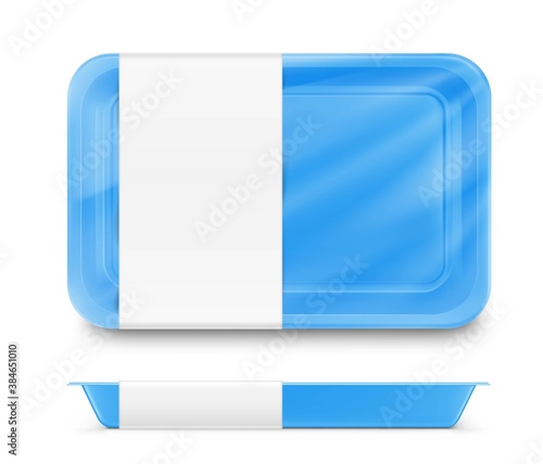 Horizontal tray container mockup. Vector illustration isolated on white background. Layered template file easy to use for your promo product: meat of animals, chicken, fish. EPS10	