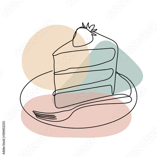 Cupcake with a strawberry in a hand drawn linear style with colorful abstract stains. Isolated on white.