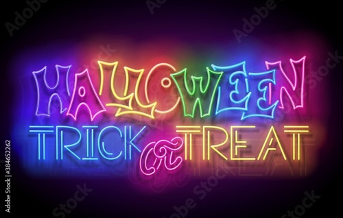 Glow Greeting Card with Halloween Trick or Treat Inscription. Neon Light Lettering. Shiny Template Poster, Banner, Invitation. Glossy Background. Vector 3d Illustration