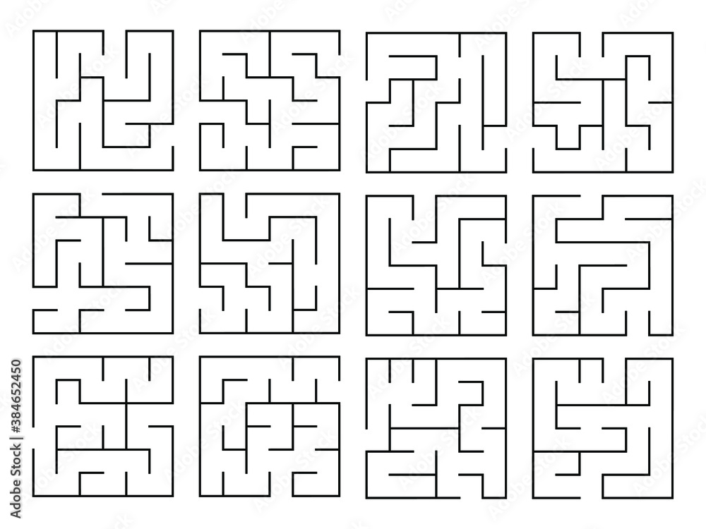 Big set of education logic game. Find right way. Labyrinth, conundrum for kids. Collection of twelve simple square mazes with black line on white background. Vector illustration.