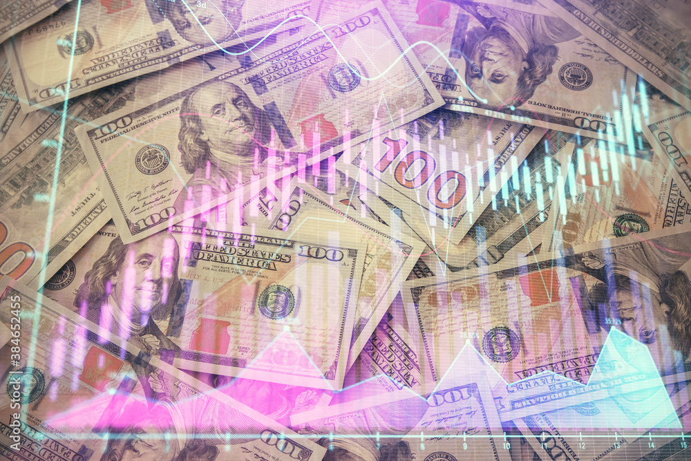 Multi exposure of forex chart drawing over us dollars bill background. Concept of financial success markets. Multi exposure of forex chart drawing over us dollars bill background. Concept of financial success markets.