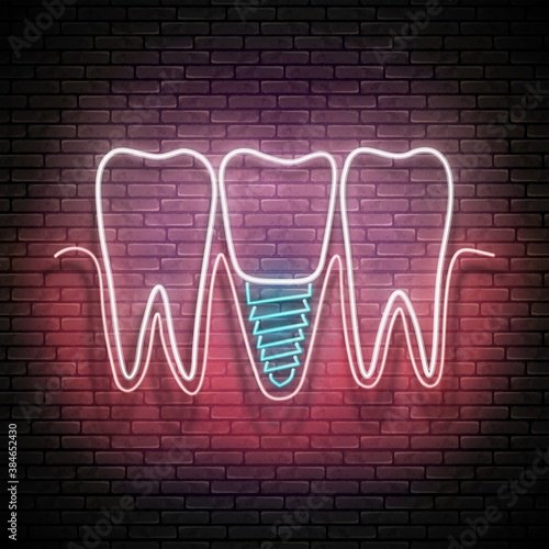 Glow Dentition with Implanted Tooth. Denture Concept Template. Neon Light Poster, Flyer, Banner, Signboard. Brick Wall. Vector 3d Illustration