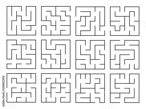 Big set of education logic game. Find right way. Labyrinth, conundrum for kids. Collection of twelve simple square mazes with black line on white background. Vector illustration.