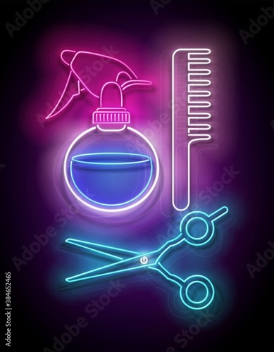 Glow Hairdressing Scissors, Hairbrush and Sprayer, Professional Hairstyling Tool. Barbershop, Hairdresser Salon. Shiny Neon Light Poster, Flyer, Banner. Glossy Background. Vector 3d Illustration
