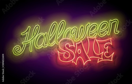 Glow Greeting Card with Halloween Sale Inscription. Neon Light Lettering. Shiny Template Poster, Banner, Invitation. Glossy Background. Vector 3d Illustration