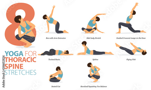 8 Yoga poses or asana posture for workout in Thoracic spine stretch concept. Women exercising for body stretching. Fitness infographic. Flat cartoon vector