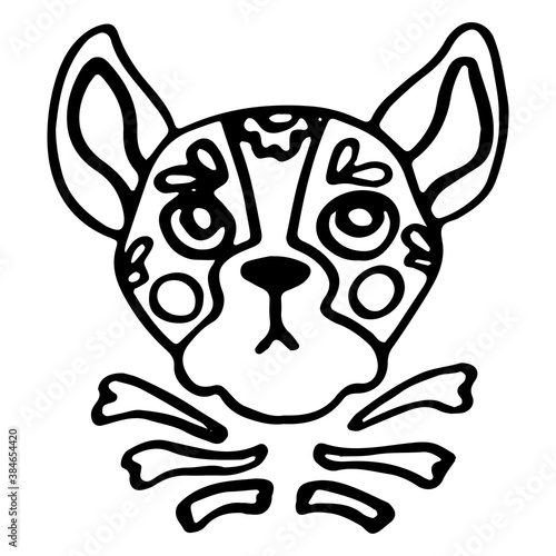 Calavera cat on white isolated backdrop. Mexican day of dead symbol for invitation or gift card, notebook, bath tile, scrapbook. Phone case or cloth print art. Doodle style stock vector illustration