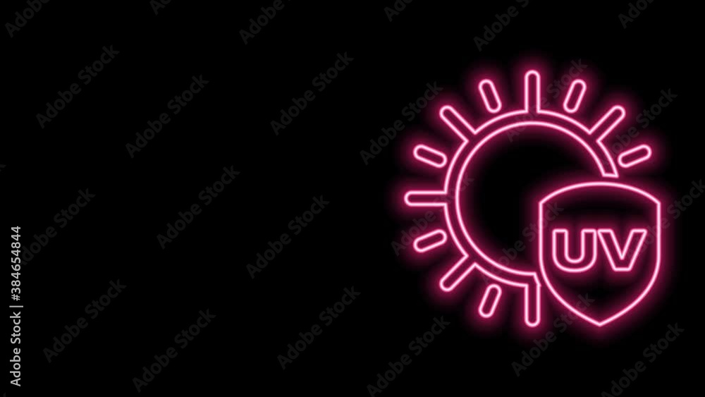 Glowing neon line UV protection icon isolated on black background. Sun and shield. Ultra violet rays radiation. SPF sun sign. 4K Video motion graphic animation Glowing neon line UV protection icon isolated on black background. Sun and shield. Ultra violet rays radiation. SPF sun sign. 4K Video motion graphic animation