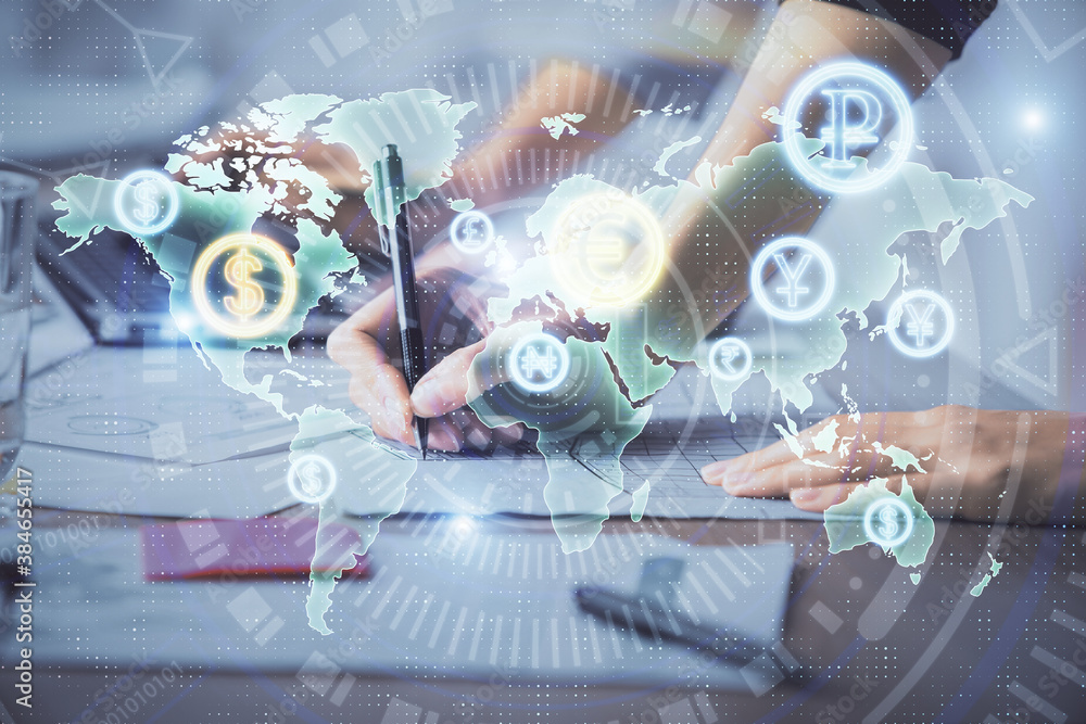 Multi exposure of woman hands typing on computer and financial chart hologram drawing. Stock market analysis concept. Multi exposure of woman hands typing on computer and financial chart hologram drawing. Stock market analysis concept.