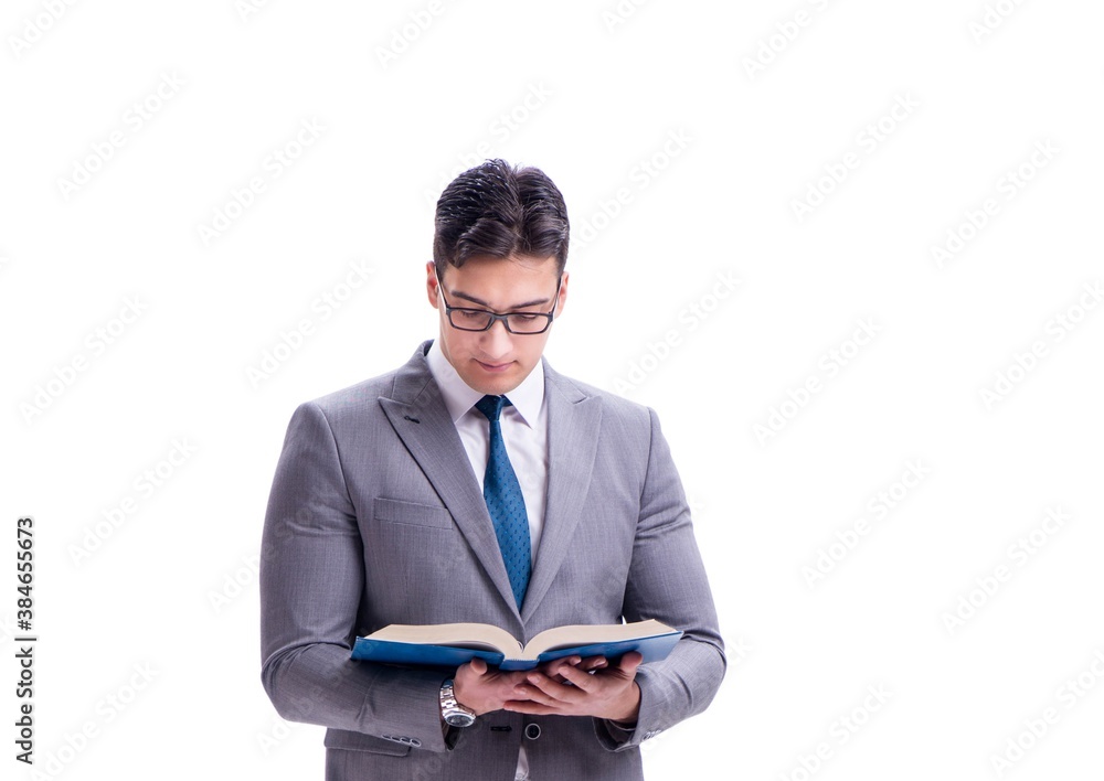 Businessman student reading a book isolated on white background Businessman student reading a book isolated on white background