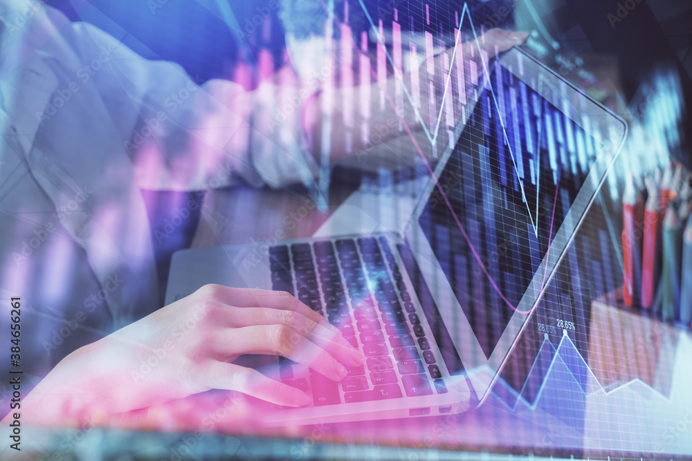Double exposure of woman hands typing on computer and forex chart hologram drawing. Stock market invest concept. Double exposure of woman hands typing on computer and forex chart hologram drawing. Stock market invest concept.