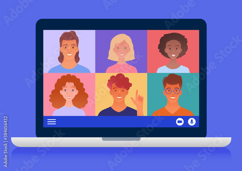 Virtual group meeting via video conference call using laptop computer chatting with colleagues online. Vector illustration.